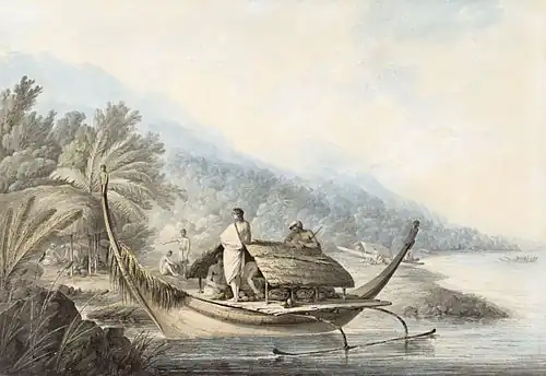 John Webber, A View in Ulietea (Raiatea), (Französisch-Polynesien), Aquarell mit Bleistift und Tusche, ohne Jahr (National Maritime Museum, London)