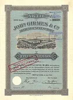 Aktie über 1.000 Mark der Johs. Girmes & Co. Aktiengesellschaft, ausgestellt in Oedt bei Krefeld im Juni 1920. Als Aufsichtsratsvorsitzender unterschrieben von dem Krefelder Bankier Hugo Vasen, für den Vorstand von August Girmes.
