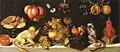 Juan van der Hamen y León (Werkstatt?), Stillleben mit Früchten, Süßigkeiten und Affen, 54,5 × 121,5&nbsp;cm, Öl auf Leinwand, Privatsammlung