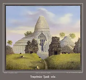 „Die Südseite der Ruinen des Tjandi-sebu bei Brambanan, vom Zwischenraume der zweiten und dritten Reihe der kleinern Tempel aus gezeichnet. August 1836.“[153] (Heutiger Name: Candi Sewu, bei Prambanan)