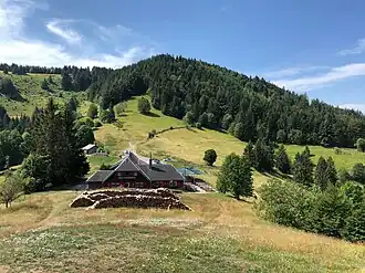 Blick vom Sirnitzköpfle über die Almgaststätte Kälbelescheuer auf die Sirnitz