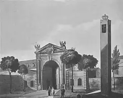 Königstor, rechts: Denkstein für den 1816 gestorbenen König Friedrich mit seinem Monogramm (FR) und der Königskrone, um 1820.