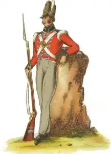 Linieninfanterie der King’s German Legion, ca. 1815, mit „Belgischem“ Tschako und den seit 1768 in der britischen Armee üblichen runden Ärmelaufschlägen
