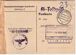 SS-Feldpostkarte der Abt. II Politische Abteilung des KZ Auschwitz