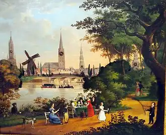 Kaffeegesellschaft an der Alster mit Blick über Lombardsbrücke auf die Stadt – Hamburger Bilderuhr, um 1830