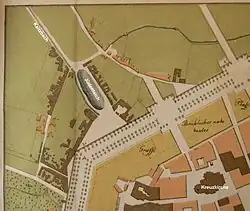 Jüdenteich und Kaitzbach um 1759 am Stadtwall nahe der Kreuzkirche (Karte gesüdet)