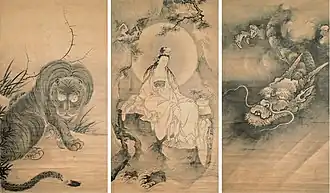 Kannon, flankiert von Tiger und Drachen