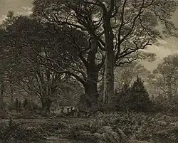 Forêt de Fontainebleau, 1850. Spiegelbildliche Lithografie von Eugène Le Roux nach Bodmers Gemälde, 23 × 29 cm