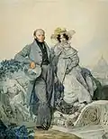 Tochter Warwara Alexejewna Olenina und ihr Gatte und Cousin, Grigorij Nikanorowitsch Olenin, Aquarell 1827 von Karl Pawlowitsch Brjullow
