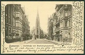 Blick durch die Yorkstraße auf die Kirche (Ansichtskarte von Karl Friedrich Wunder, um 1898)