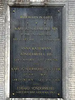 Karl von der Mühll-His (1841–1912) Dr. Phil., Professor, Grabinschrift auf dem Friedhof Wolfgottesacker, Basel