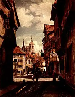 Braunschweig: Karrenführerstraße mit Magnikirche von Südwesten. Öl auf Leinwand 55&nbsp;×&nbsp;43,5&nbsp;cm