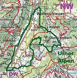 Verlauf des Wanderwegs (grün).