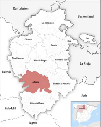 Die Lage der Comarca Arlanza in der Provinz Burgos