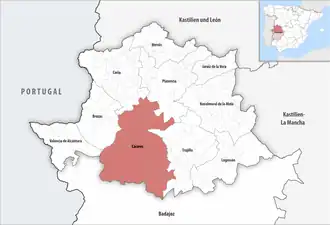 Die Lage der Comarca Cáceres in der Provinz Cáceres