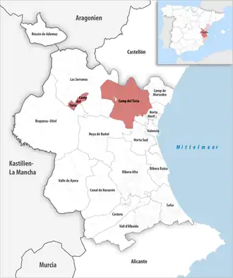 Die Lage der Comarca Camp del Túria in der Provinz Valencia