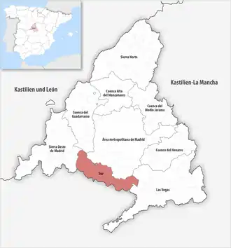 Die Lage der Comarca Sur in der autonomen Gemeinschaft Madrid