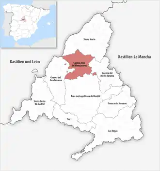 Die Lage der Comarca Cuenca Alta del Manzanares in der autonomen Gemeinschaft Madrid
