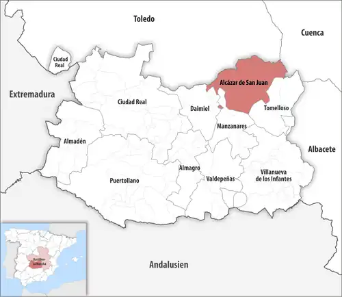 Die Lage des Gerichtsbezirk Alcázar de San Juan in der Provinz&nbsp;Ciudad Real