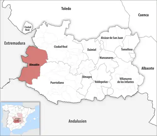 Die Lage des Gerichtsbezirk Almadén in der Provinz&nbsp;Ciudad Real