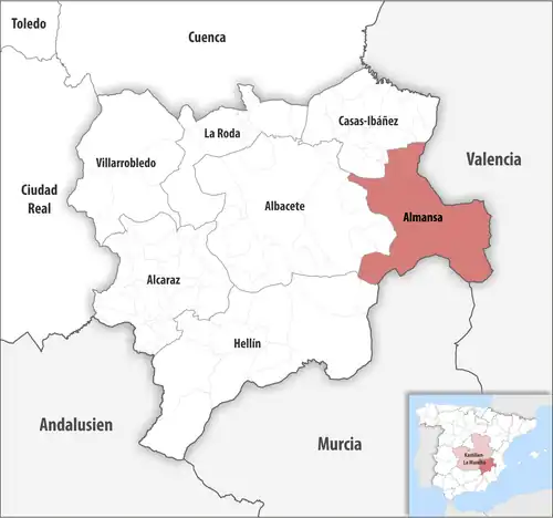 Die Lage des Gerichtsbezirk Almansa in der Provinz Albacete