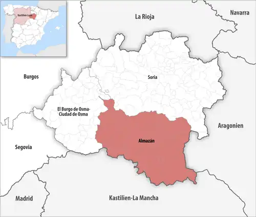 Die Lage des Gerichtsbezirk Almazán in der Provinz Soria