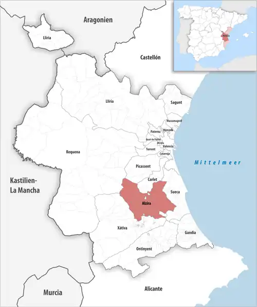 Die Lage des Gerichtsbezirk Alzira in der Provinz Valencia
