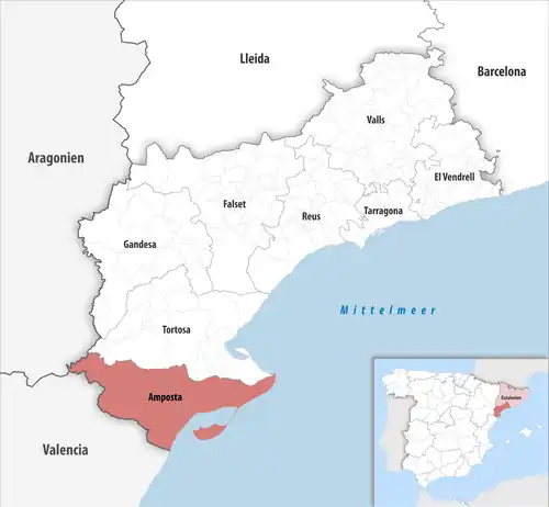 Die Lage des Gerichtsbezirk Amposta in der Provinz Tarragona