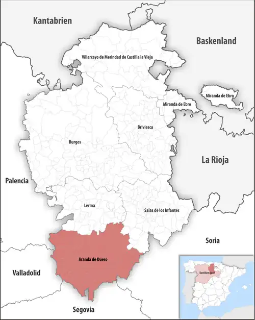 Die Lage des Gerichtsbezirk Aranda de Duero in der Provinz&nbsp;Burgos