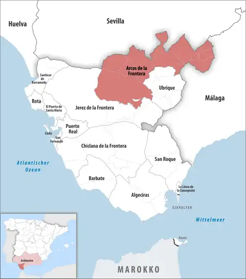 Die Lage des Gerichtsbezirk Arcos de la Frontera in der Provinz&nbsp;Cádiz
