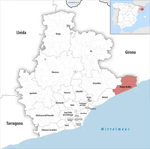 Die Lage des Gerichtsbezirk Arenys de Mar in der Provinz Barcelona