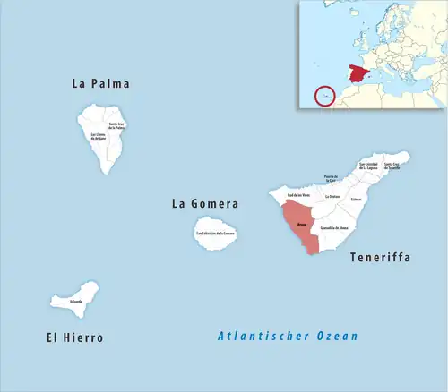 Die Lage des Gerichtsbezirk Arona in der Provinz&nbsp;Santa&nbsp;Cruz&nbsp;de&nbsp;Tenerife