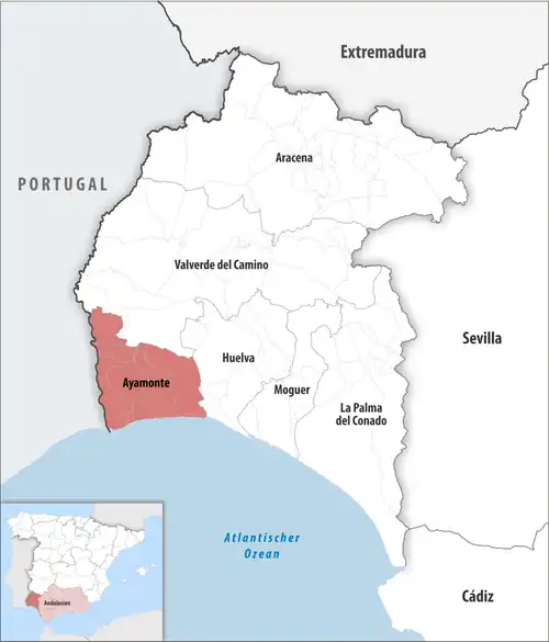 Die Lage des Gerichtsbezirk Ayamonte in der Provinz&nbsp;Huelva