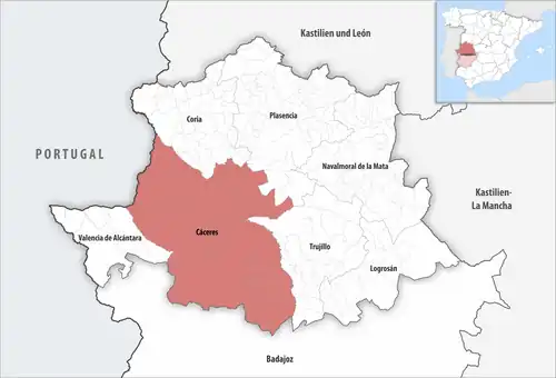 Die Lage des Gerichtsbezirk Cáceres in der Provinz Cáceres