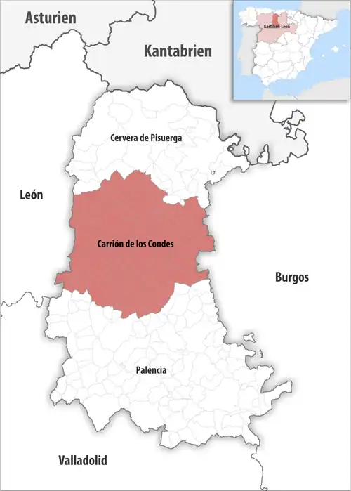 Die Lage des Gerichtsbezirk Carrión de los Condes in der Provinz&nbsp;Palencia