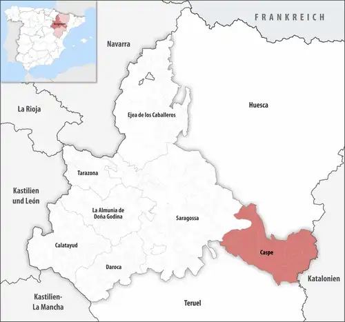 Die Lage des Gerichtsbezirk Caspe in der Provinz Saragossa