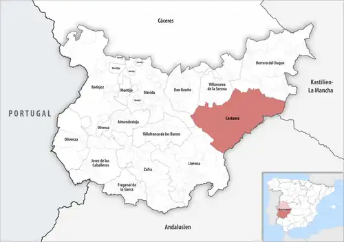 Die Lage des Gerichtsbezirk Castuera in der Provinz Badajoz