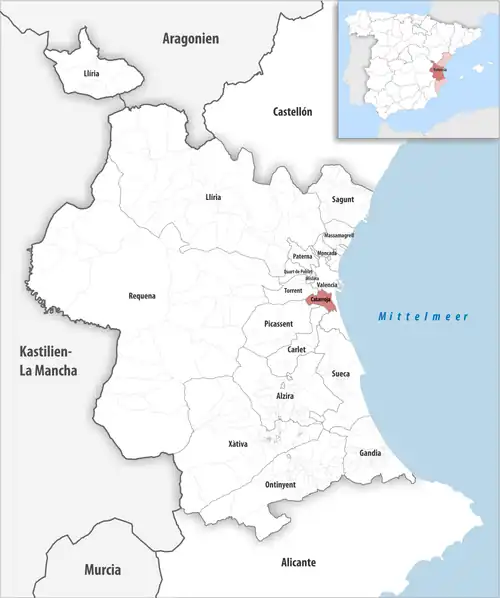 Die Lage des Gerichtsbezirk Catarroja in der Provinz Valencia
