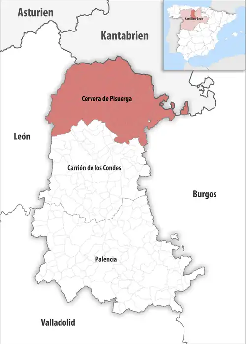 Die Lage des Gerichtsbezirk Cervera de Pisuerga in der Provinz Palencia