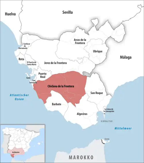 Die Lage des Gerichtsbezirk Chiclana de la Frontera in der Provinz&nbsp;Cádiz