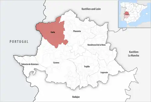 Die Lage des Gerichtsbezirk Coria in der Provinz&nbsp;Cáceres