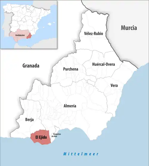 Die Lage des Gerichtsbezirk El Ejido in der Provinz Almería