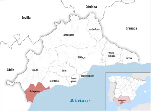 Die Lage des Gerichtsbezirk Estepona in der Provinz&nbsp;Málaga