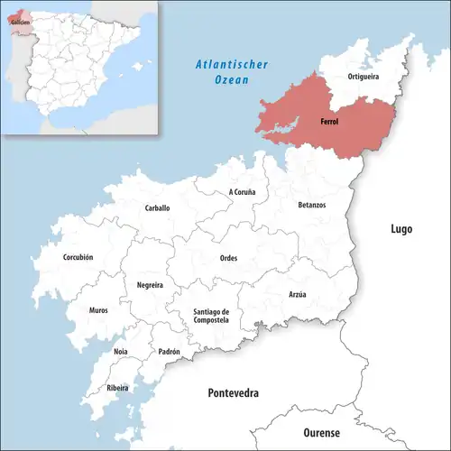 Die Lage des Gerichtsbezirk Ferrol in der Provinz A Coruña