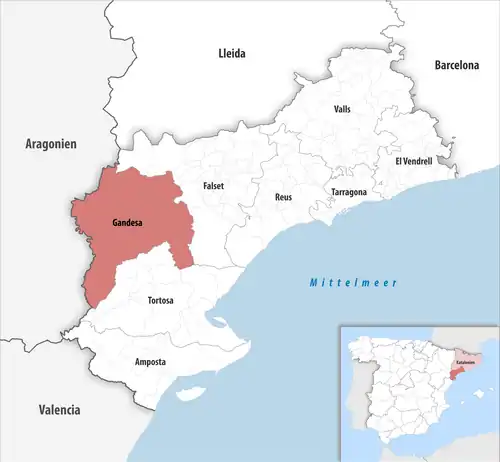 Die Lage des Gerichtsbezirk Gandesa in der Provinz Tarragona