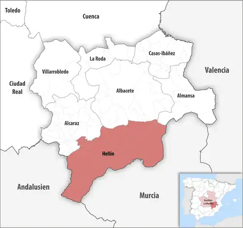 Die Lage des Gerichtsbezirk Hellín in der Provinz Albacete