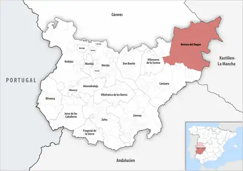 Die Lage des Gerichtsbezirk Herrera del Duque in der Provinz Badajoz