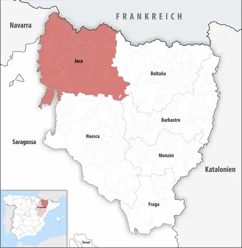 Die Lage des Gerichtsbezirk Jaca in der Provinz Huesca