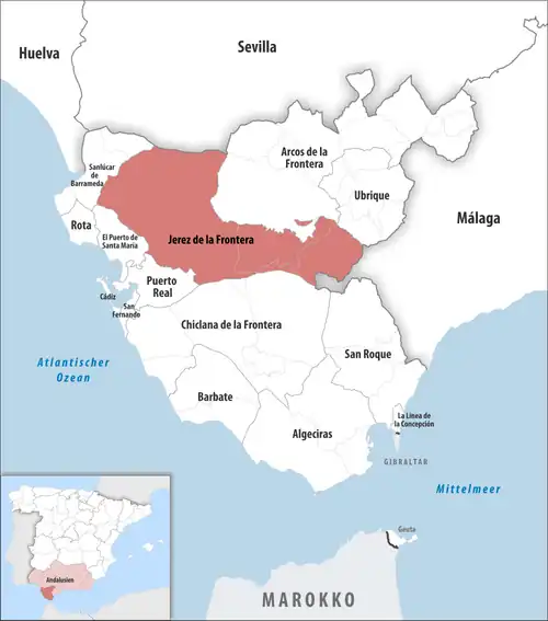 Die Lage des Gerichtsbezirk Jerez de la Frontera in der Provinz Cádiz