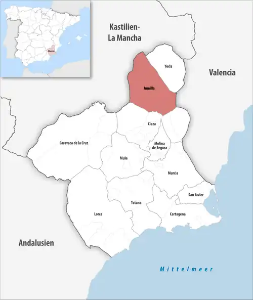 Die Lage des Gerichtsbezirk Jumilla in der autonomen&nbsp;Gemeinschaft&nbsp;Murcia